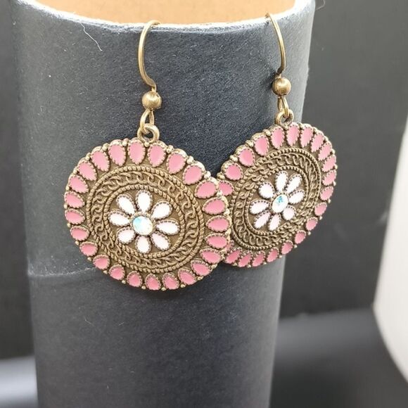 BRONZE pink floral earrings boho mandala minimalist - Picture 4 of 5